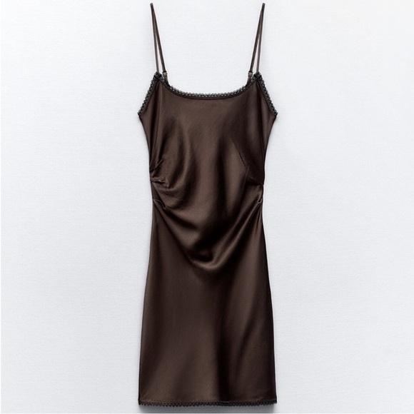 zara brown short dress FLOWY MINI DRESS - Dark brown